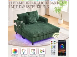 Sofá-cama de 3 lugares - 142 x 128 x 85 cm - com porta-copos + portas USB + LEDs - veludo - verde