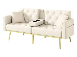 Sofá-cama de 2 lugares - 175 x 80 x 73,5 cm - 3 posições reclináveis e com porta-copos - veludo - bege
