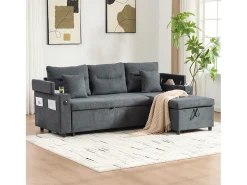 Sofá-cama de 3 lugares - 212,5 x 136 x 86 cm - com porta-copos + porta USB + espaço de armazenamento - sofá-cama retrátil - linho - cinza escuro