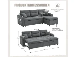 Sofá-cama de 3 lugares - 212,5 x 136 x 86 cm - com porta-copos + porta USB + espaço de armazenamento - sofá-cama retrátil - linho - cinza escuro