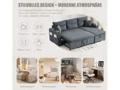 Sofá-cama de 3 lugares - 212,5 x 136 x 86 cm - com porta-copos + porta USB + espaço de armazenamento - sofá-cama retrátil - linho - cinza escuro