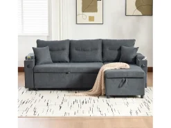 Sofá-cama de 3 lugares - 212,5 x 136 x 86 cm - com porta-copos + porta USB + espaço de armazenamento - sofá-cama retrátil - linho - cinza escuro