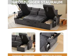 Sofá-cama de 4 lugares - 272 x 131 x 84 cm - com porta-copos + espaço de armazenamento + almofadas - veludo - cinza