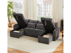 Sofá-cama de 4 lugares - 272 x 131 x 84 cm - com porta-copos + espaço de armazenamento + almofadas - veludo - cinza