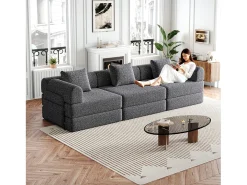 Sofá-cama de 3 lugares com conversão rápida em tecido chenille cinzento - Várias combinações