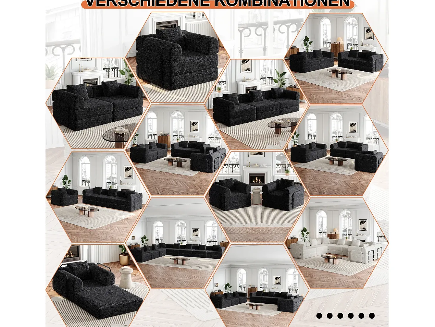 Sofá-cama de 3 lugares com conversão rápida em tecido chenille preto - Várias combinações