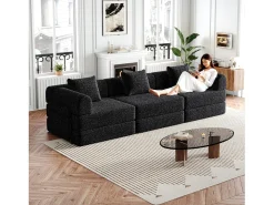 Sofá-cama de 3 lugares com conversão rápida em tecido chenille preto - Várias combinações
