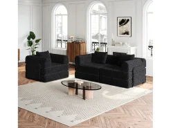 Sofá-cama de 3 lugares com conversão rápida em tecido chenille preto - Várias combinações
