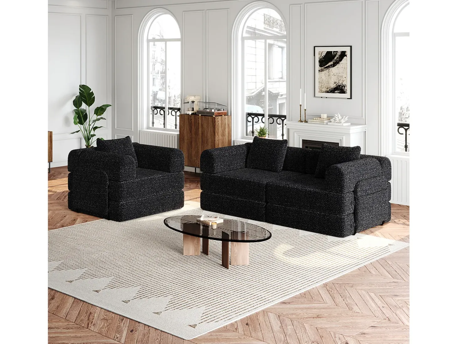 Sofá-cama de 3 lugares com conversão rápida em tecido chenille preto - Várias combinações