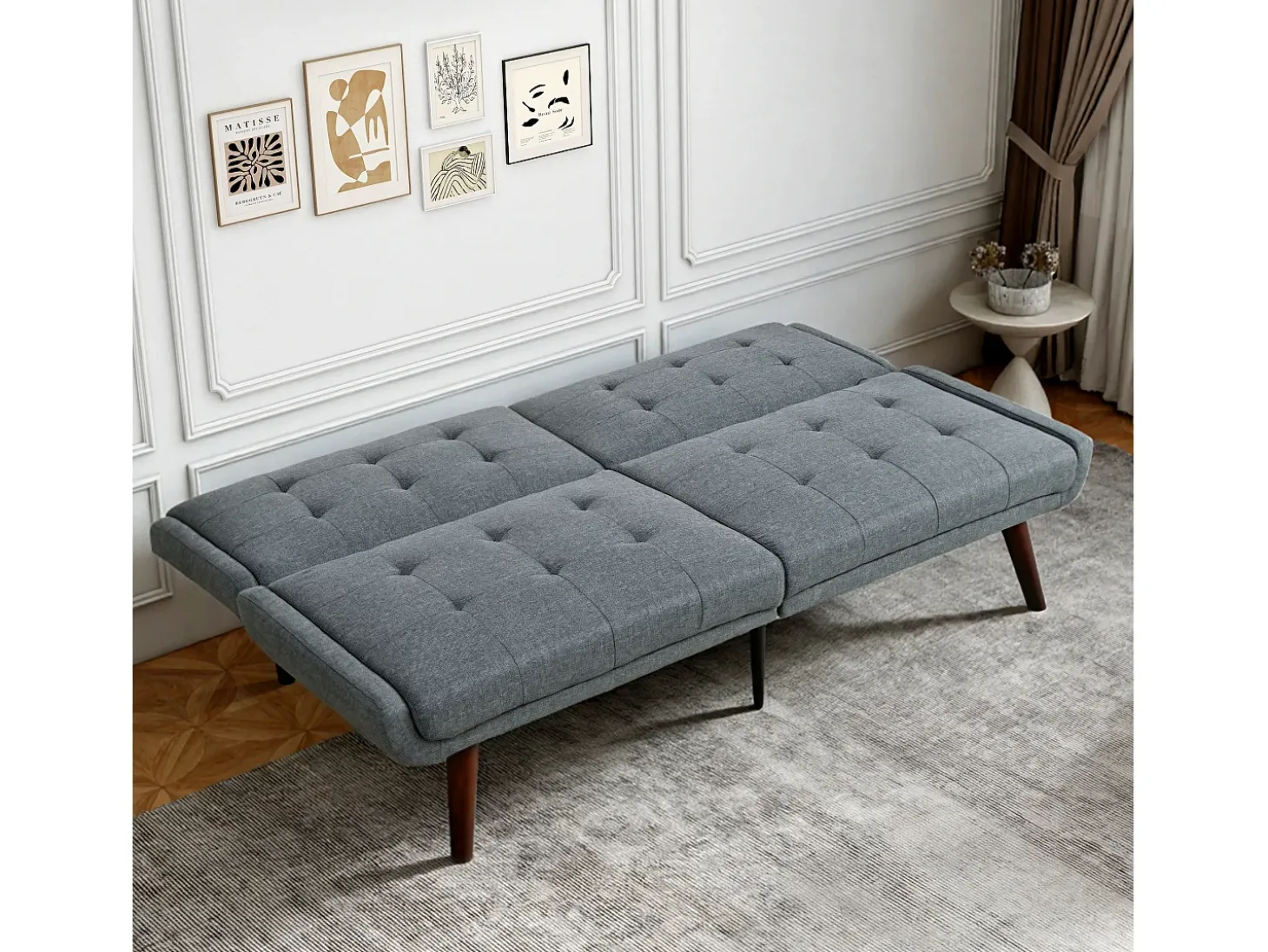 Sofá-cama de 2 lugares com conversão rápida - Encosto reclinável em 5 posições - Tecido de linho cinzento