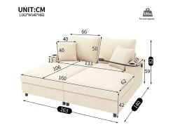 Sofá-cama de 2 lugares com função de cama - 163 x 140 x 82 cm - com encosto acolchoado + porta USB + porta-copos - veludo - bege
