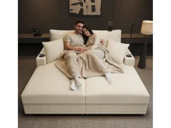 Sofá-cama de 2 lugares com função de cama - 163 x 140 x 82 cm - com encosto acolchoado + porta USB + porta-copos - veludo - bege