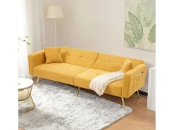 Sofá-cama de 2 lugares com mecanismo click-clack em tecido Sherpa - 175 x 64 x 72 cm - Pés dourados - Amarelo
