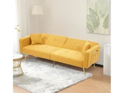 Sofá-cama de 2 lugares com mecanismo click-clack em tecido Sherpa - 175 x 64 x 72 cm - Pés dourados - Amarelo