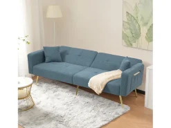 Sofá-cama de 2 lugares com mecanismo click-clack em tecido Sherpa - 175 x 64 x 72 cm - Pés dourados - azul