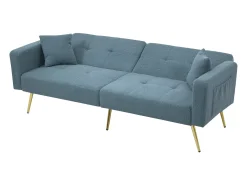 Sofá-cama de 2 lugares com mecanismo click-clack em tecido Sherpa - 175 x 64 x 72 cm - Pés dourados - azul