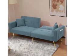 Sofá-cama de 2 lugares com mecanismo click-clack em tecido Sherpa - 175 x 64 x 72 cm - Pés dourados - azul