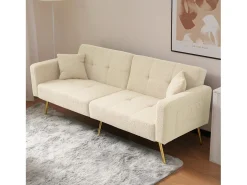 Sofá-cama de 2 lugares com mecanismo click-clack em tecido Sherpa - 175 x 64 x 72 cm - Pés dourados - Bege