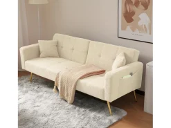 Sofá-cama de 2 lugares com mecanismo click-clack em tecido Sherpa - 175 x 64 x 72 cm - Pés dourados - Bege