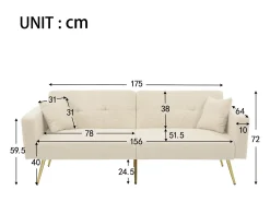 Sofá-cama de 2 lugares com mecanismo click-clack em tecido Sherpa - 175 x 64 x 72 cm - Pés dourados - Bege