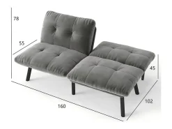 Sofá-cama de 2 lugares em cinzento, veludo e metal, com pés pretos.
