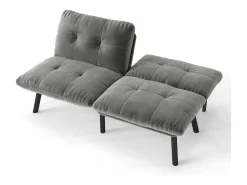 Sofá-cama de 2 lugares em cinzento, veludo e metal, com pés pretos.