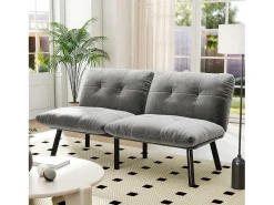 Sofá-cama de 2 lugares em cinzento, veludo e metal, com pés pretos.