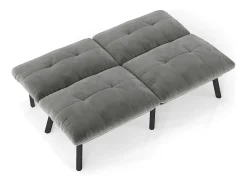 Sofá-cama de 2 lugares em cinzento, veludo e metal, com pés pretos.