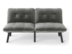 Sofá-cama de 2 lugares em cinzento, veludo e metal, com pés pretos.