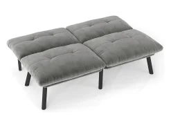 Sofá-cama de 2 lugares em cinzento, veludo e metal, com pés pretos.