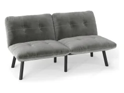 Sofá-cama de 2 lugares em cinzento, veludo e metal, com pés pretos.