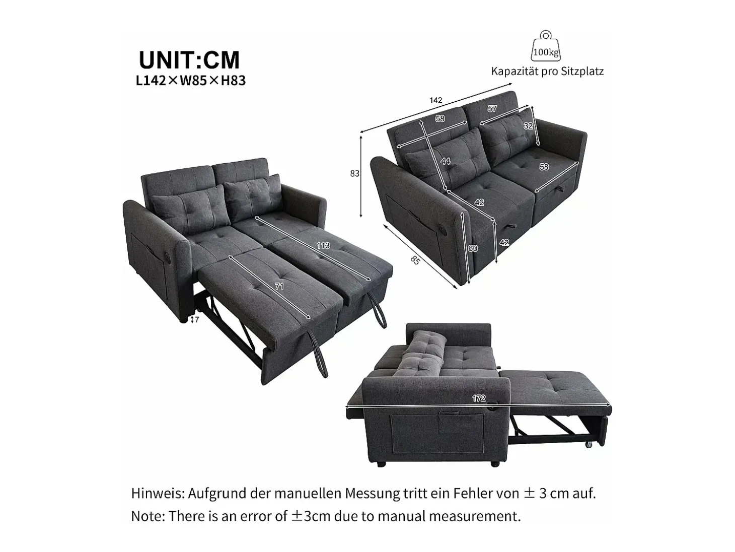 Sofá-cama de 2 lugares em tecido de linho com encosto ajustável e porta USB, sofá-cama - 142 x 85 x 83 cm - Função Sleep - Cinza