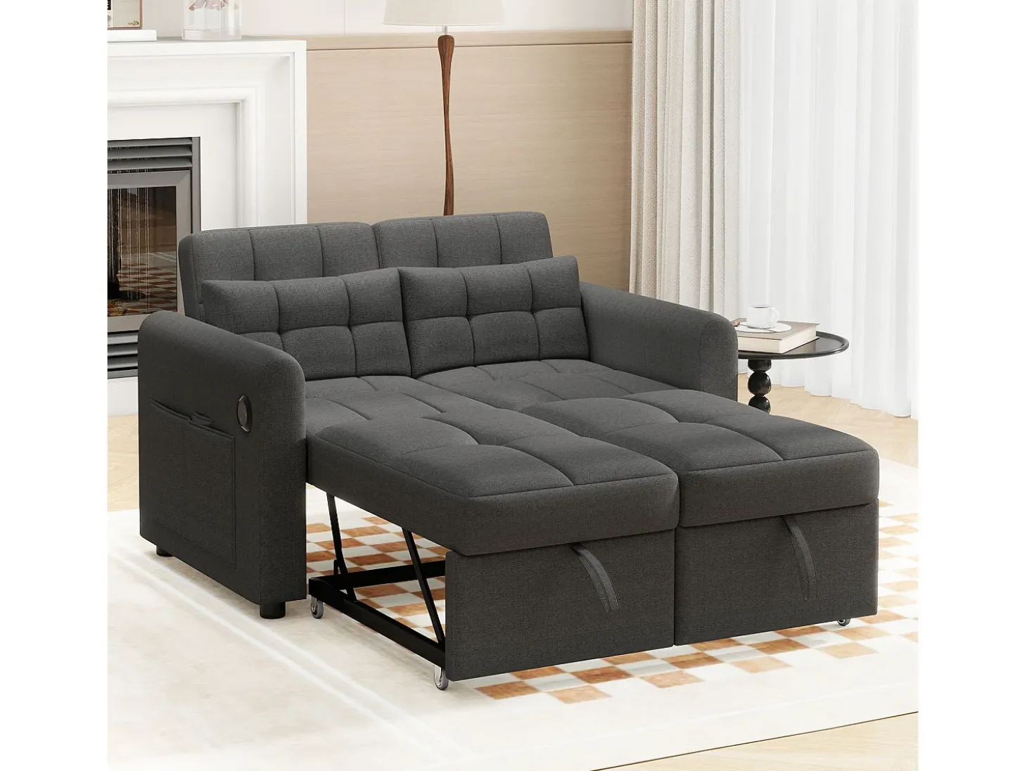 Sofá-cama de 2 lugares em tecido de linho com encosto ajustável e porta USB, sofá-cama - 142 x 85 x 83 cm - Função Sleep - Cinza