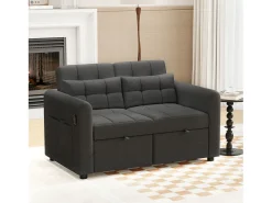 Sofá-cama de 2 lugares em tecido de linho com encosto ajustável e porta USB, sofá-cama - 142 x 85 x 83 cm - Função Sleep - Cinza