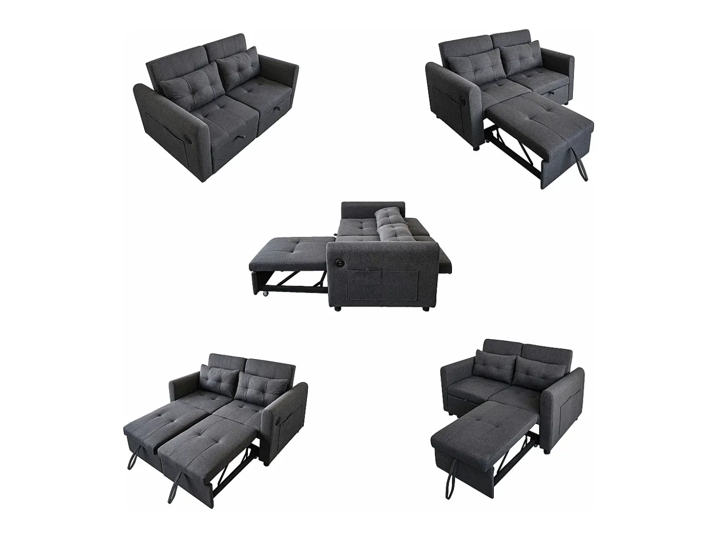 Sofá-cama de 2 lugares em tecido de linho com encosto ajustável e porta USB, sofá-cama - 142 x 85 x 83 cm - Função Sleep - Cinza