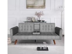 Sofá-cama de 3 lugares em veludo cinza com mesa central - INVERNESS
