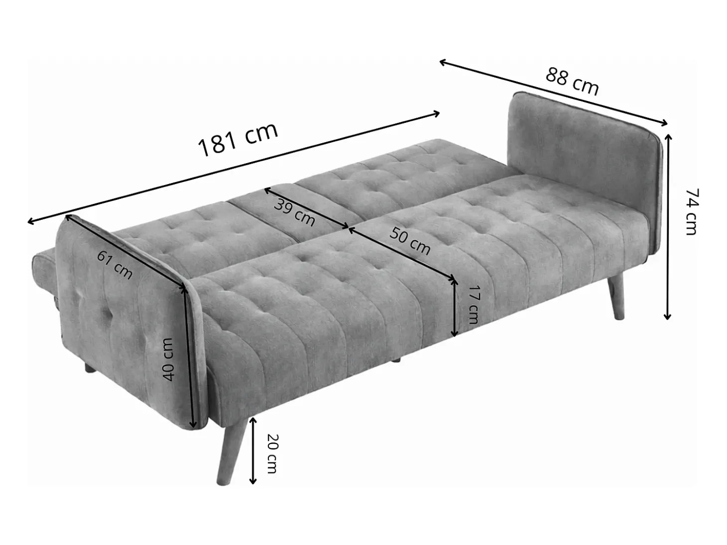 Sofá-cama de 3 lugares em veludo cinza com mesa central - INVERNESS