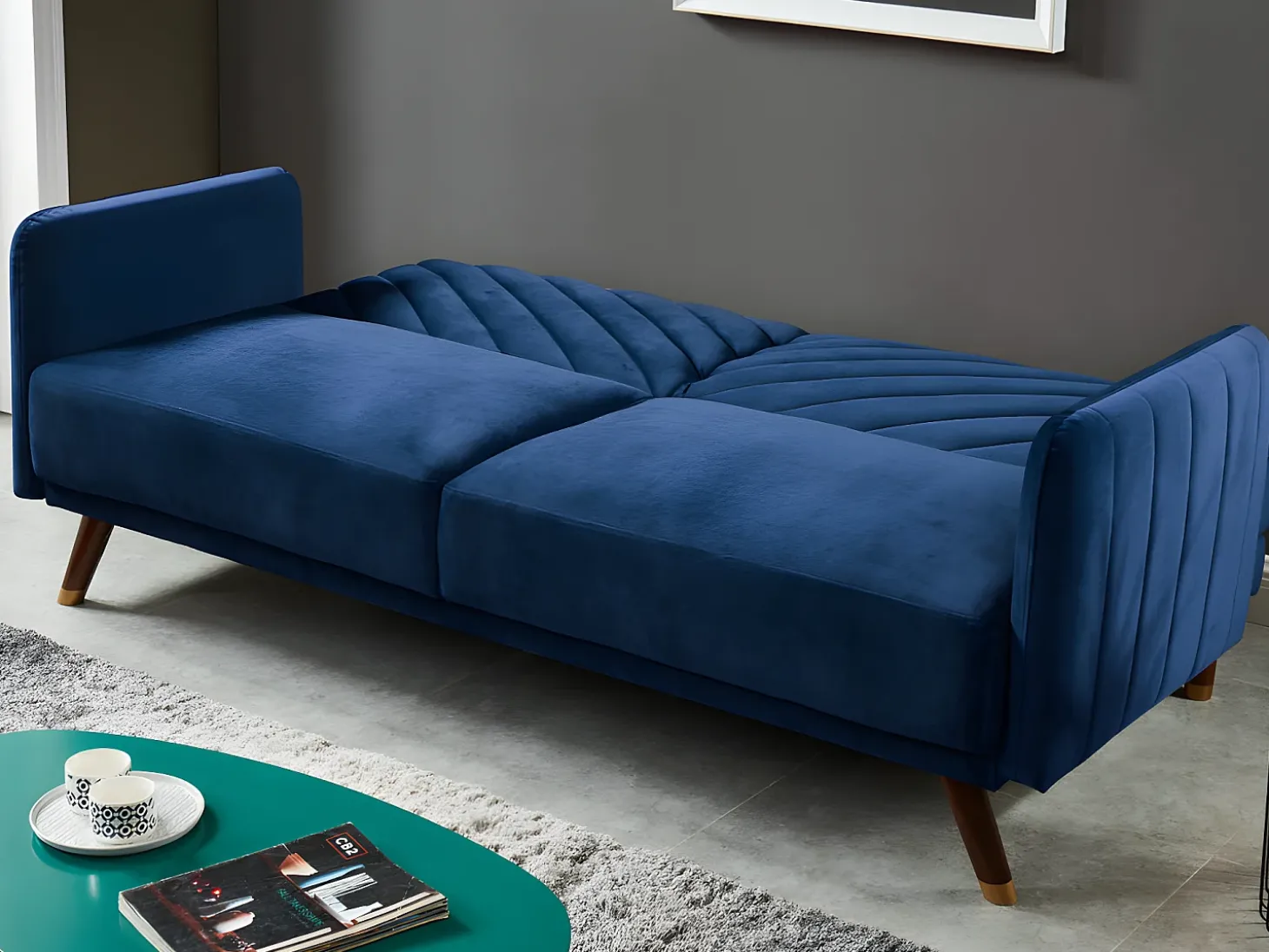 Sofá-cama de 3 lugares em veludo azul JORIS