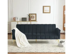 Sofá-cama de 2 lugares em veludo - 183 x 76 x 75 cm - Pés de metal dourado - Preto