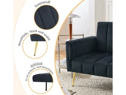 Sofá-cama de 2 lugares em veludo - 183 x 76 x 75 cm - Pés de metal dourado - Preto