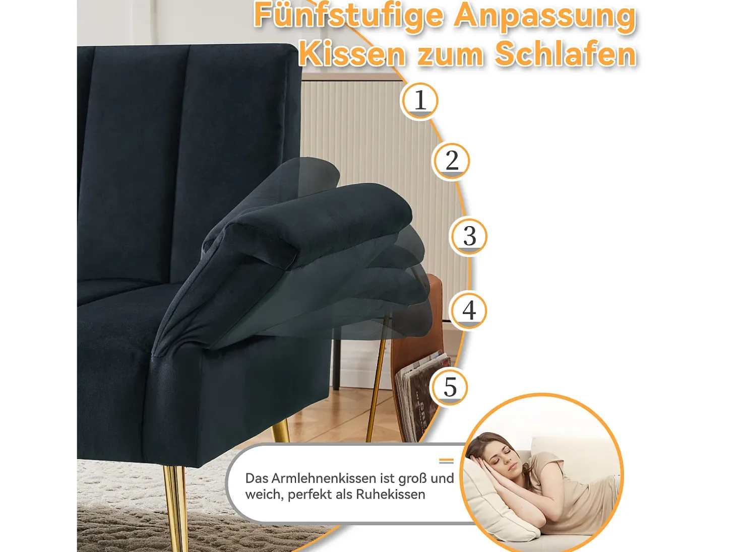 Sofá-cama de 2 lugares em veludo - 183 x 76 x 75 cm - Pés de metal dourado - Preto