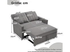 Sofá-cama de 2 lugares, sofá-cama dobrável em tecido de linho - 127 x 75/180 x 94 cm - com função dormir e encosto ajustável - Cinza