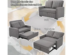 Sofá-cama de 2 lugares, sofá-cama dobrável em tecido de linho - 127 x 75/180 x 94 cm - com função dormir e encosto ajustável - Cinza
