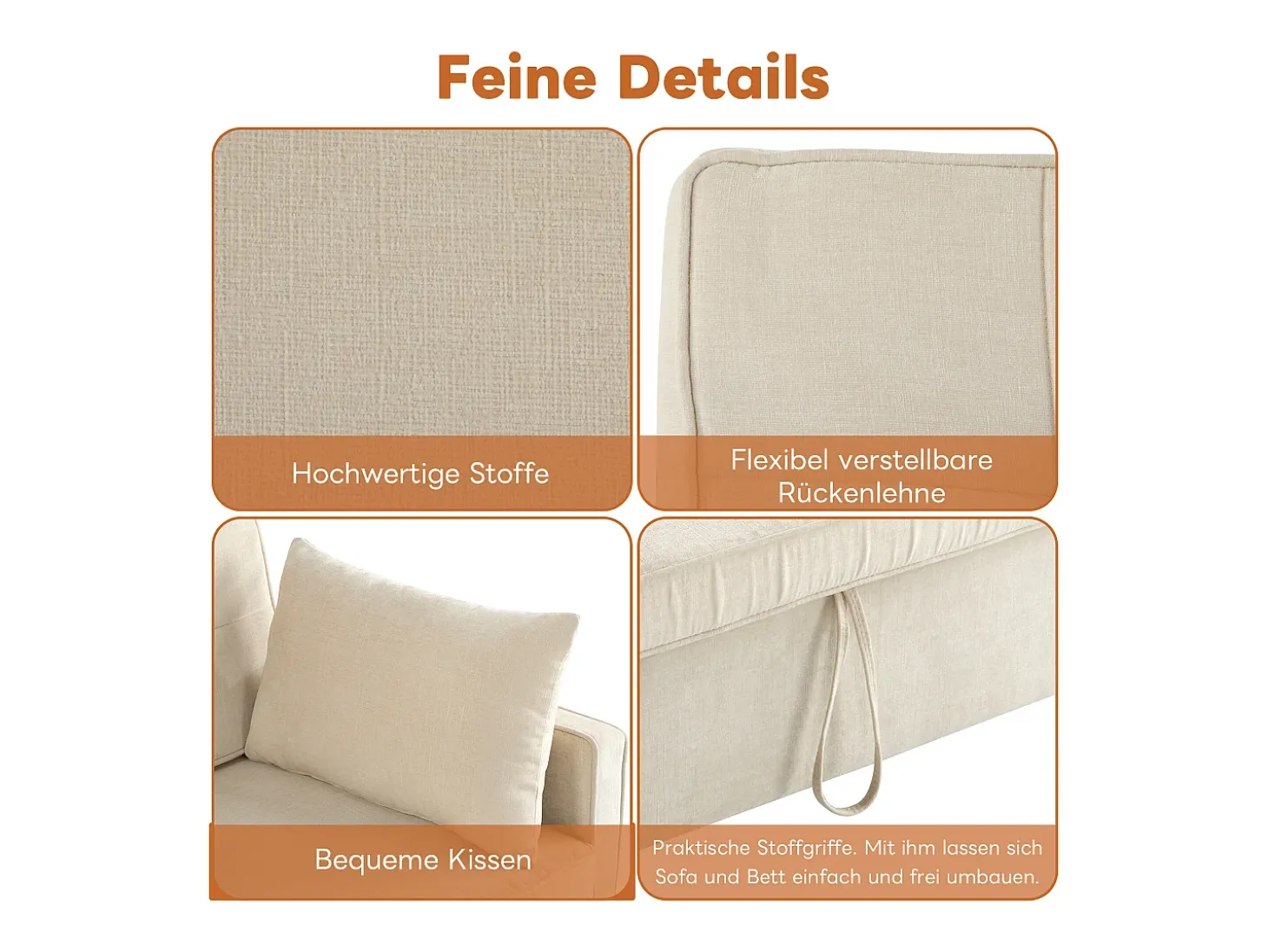 Sofá-cama de 2 lugares, sofá-cama dobrável em tecido chenille - 142 x 79/174 x 85 cm - com função sleep e encosto ajustável - Bege