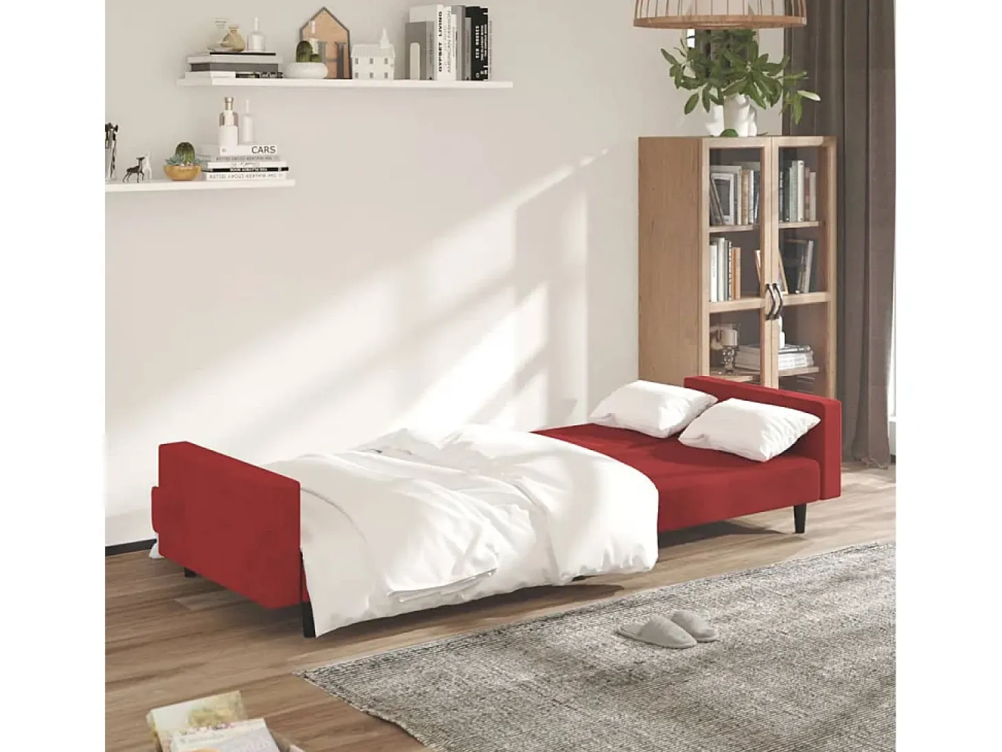 Sofá-cama de 2 lugares veludo vermelho tinto PT329052