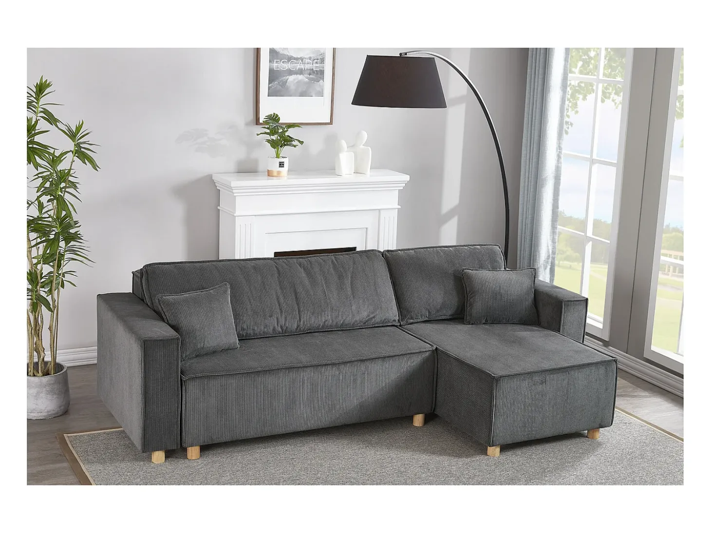 Sofá-Cama de Canto Conversível 4 Lugares Veludo Cotelê Cinza COSY - Design Elegante e Versátil