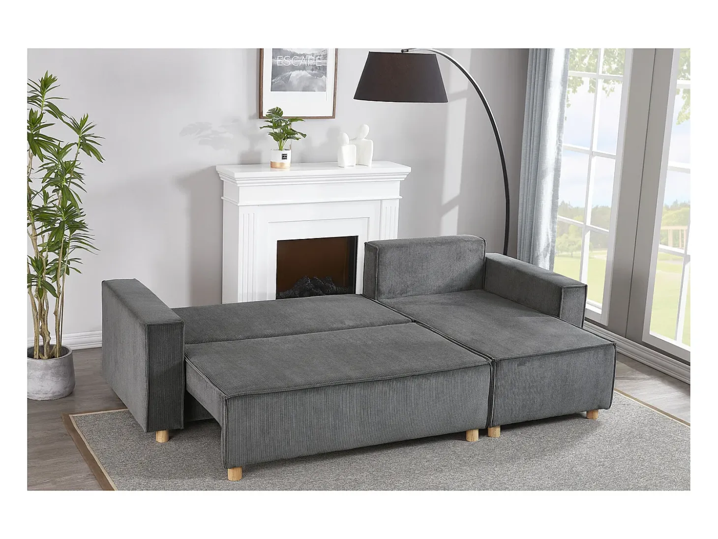 Sofá-Cama de Canto Conversível 4 Lugares Veludo Cotelê Cinza COSY - Design Elegante e Versátil