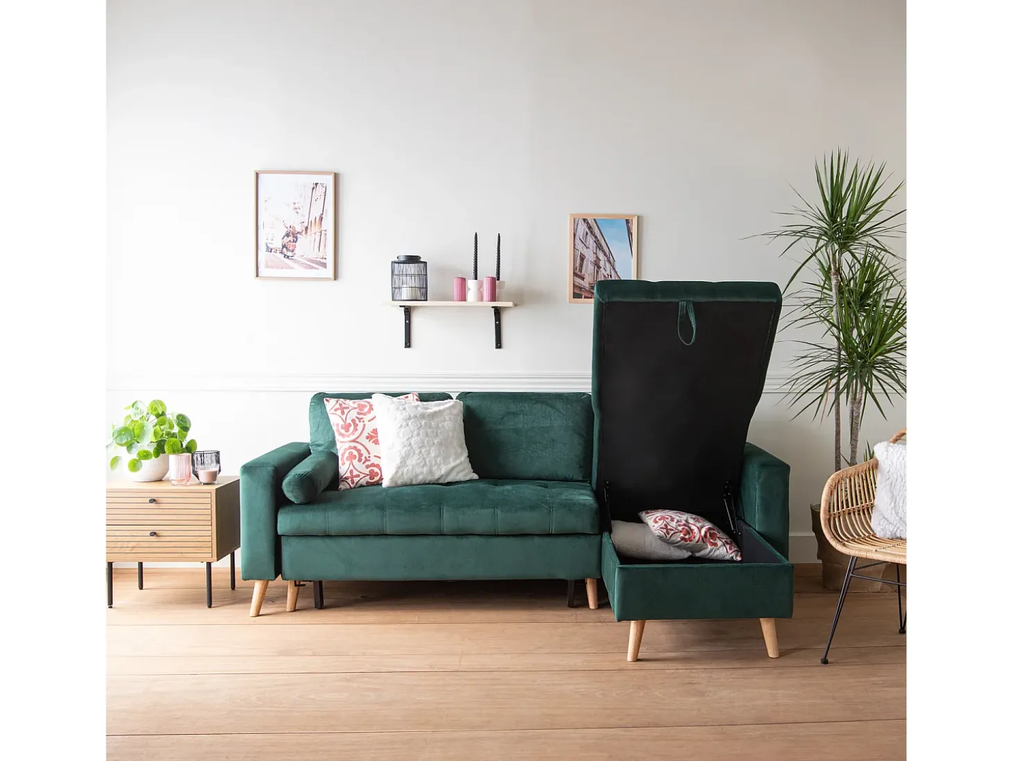 Sofá-cama de canto de 3 lugares JAMES em veludo verde