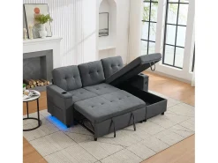 Sofá-cama de canto de 3 lugares com iluminação LED, espaço de arrumação e entradas USB - Tecido cinzento