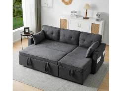 Sofá-cama de canto de 3 lugares com suporte para copos e espaço de arrumação - Tecido de algodão e linho cinzento